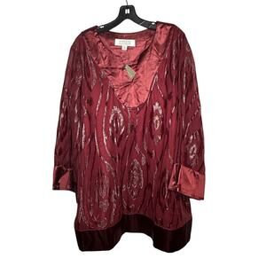 American Glamour Badgley Mischka Semi Sheer Metallic Maroon Tunic Size 2X New